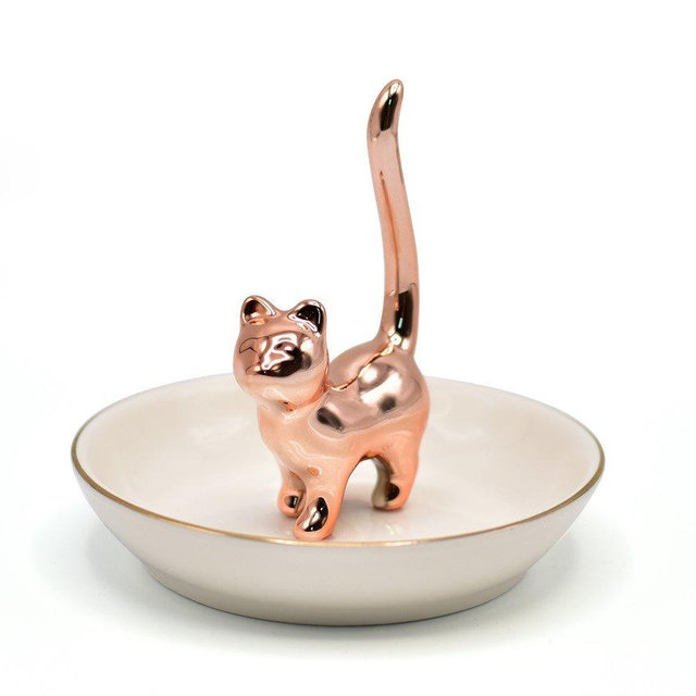 ROSA&ROSE - Rose Gold Kitty Jewelry Tray Ceramic Trinket Dish Porcelain Ring Holder