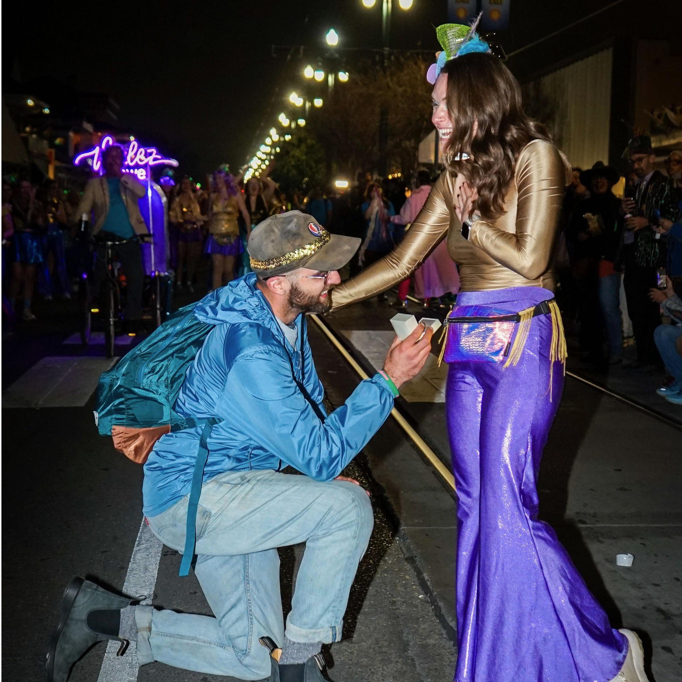 Finally, after 4.5 years of growing as partners, Ross proposed to Jamie during a Voulez Krewe parade on 2/14/25!