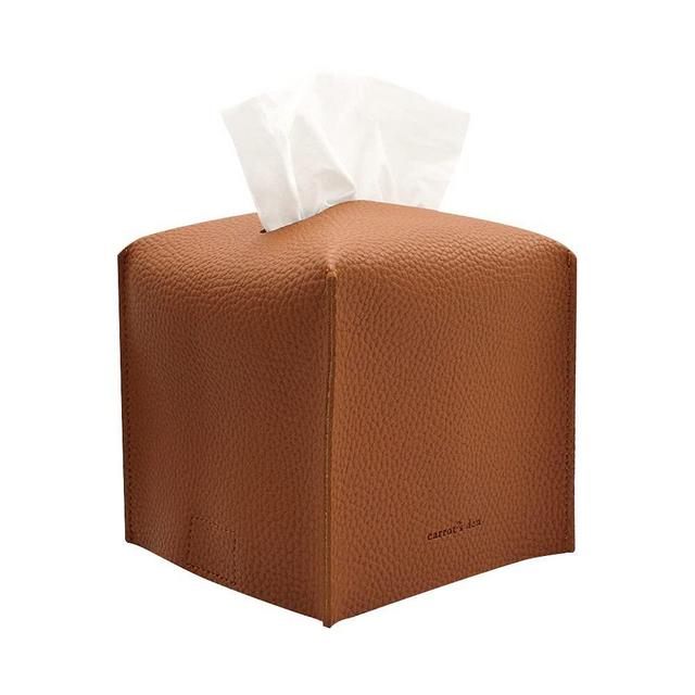 Carrot's Den Tissue Box Cover with Bottom Belt PU Leather Decorative Organizer for Bathroom, Car, Office | Camel, Square