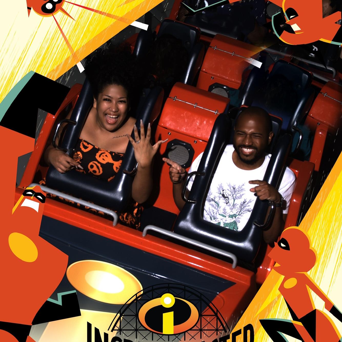 our engagement announcement photo! we were upside down on a Disneyland rollercoaster.