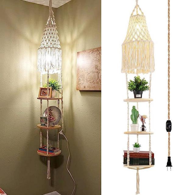 QIYIZM Boho Plug in Pendant Light Hanging Light with Plug in Cord,Dimmable Switch,Hanging Lamp Macrame Lamp Shade and Hanging Plant Holder Shelf Indoor for Bohemian Decor Bedroom Corner Living Room