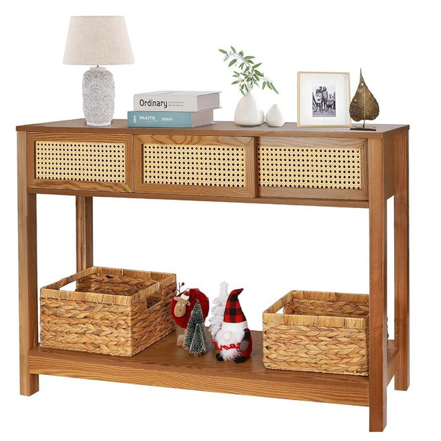 ZYBT Long Console Table, Rattan Entry Table, Console Tables for Entryway, Narrow Wood Console Table with Storage, Rustic Couch Table Hallway Table Brown Boho Sofa Table for Living Room