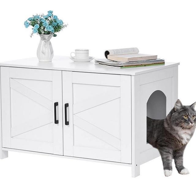 Homhedy Cat Litter Box Enclosure,Litter Box Furniture Hidden with Barn Door,Wooden Cat Washroom Furniture,Cat House,Fit Most of Litter Box,White