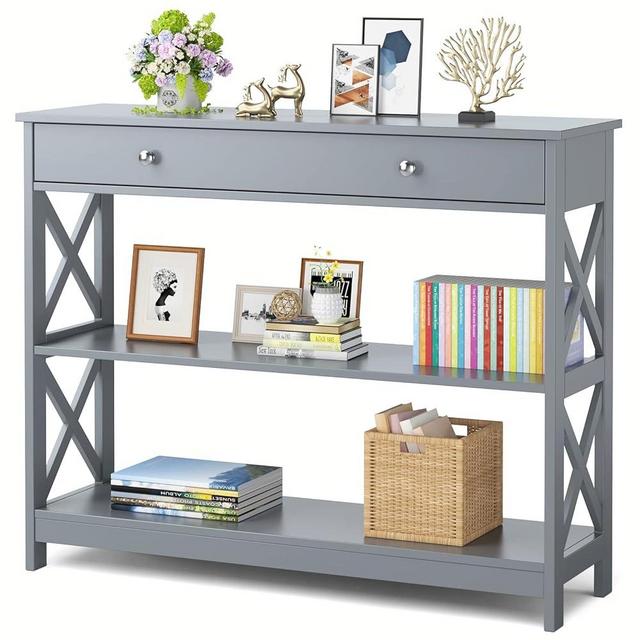 KOTEK Console Table with Drawer and Storage Shelves, Narrow Sofa Table for Living Room, Easy Assembly, 3-Tier Entryway Table with Storage for Hallway (Grey)