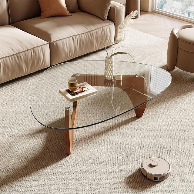 Honyee Morden Coffee Table, Tempered Glass Top Coffee Table with Wooden Legs, 42.5" x 28.5" x 16.1" Triangle Coffee Table for Living Room, Natural Wood