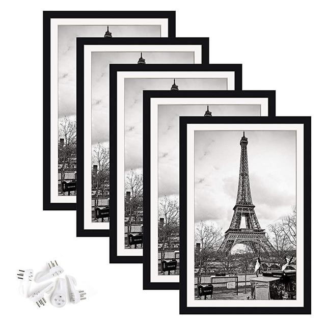 upsimples 11x17 Picture Frame Set of 5,Display Pictures 9x15 with Mat or 11x17 Without Mat,Wall Gallary Photo Frames,Black