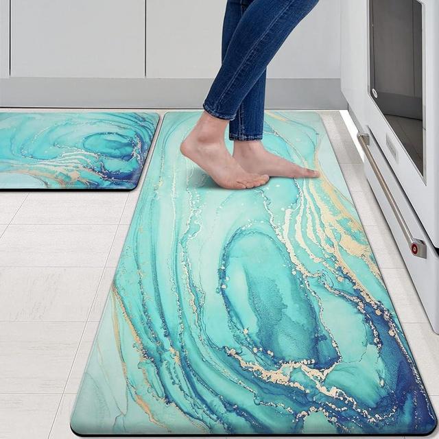 MAYHMYO Kitchen Rugs and Mats Set of 2 Teal Marble Gold Anti Fatigue Mat PVC Non Slip Turquoise Foam Cushioned Kitchen Mats for Floor Dining Room Home Office Sink Laundry