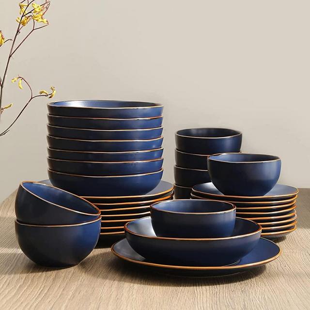Stone + Lain Brasa Stoneware 32-Piece Round Dinnerware Set with Pasta Bowls, Blue