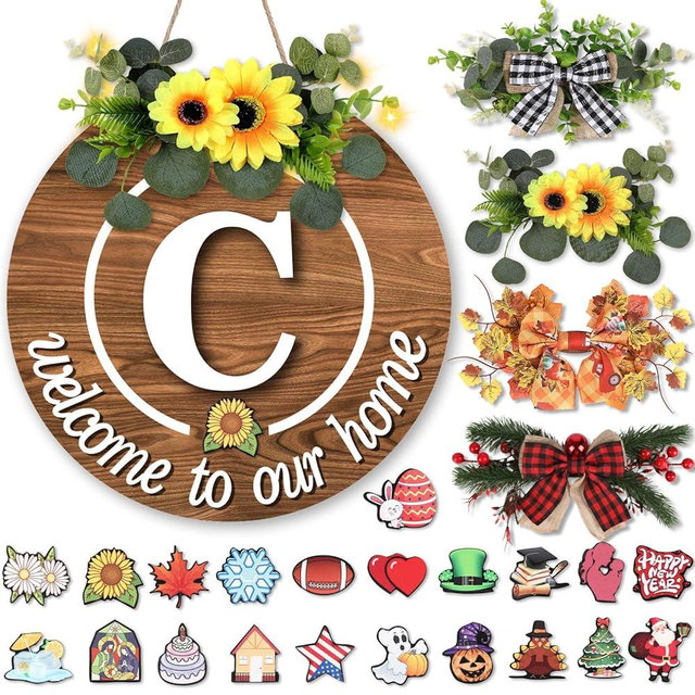 Interchangeable Welcome Sign with 26 Initial Letters 4 Seasonal Wreaths for Front Door Outside All Season, Seasonal Welcome Home Sign, Last Name Front Door Wreaths with 21 Changeable Icons(C)