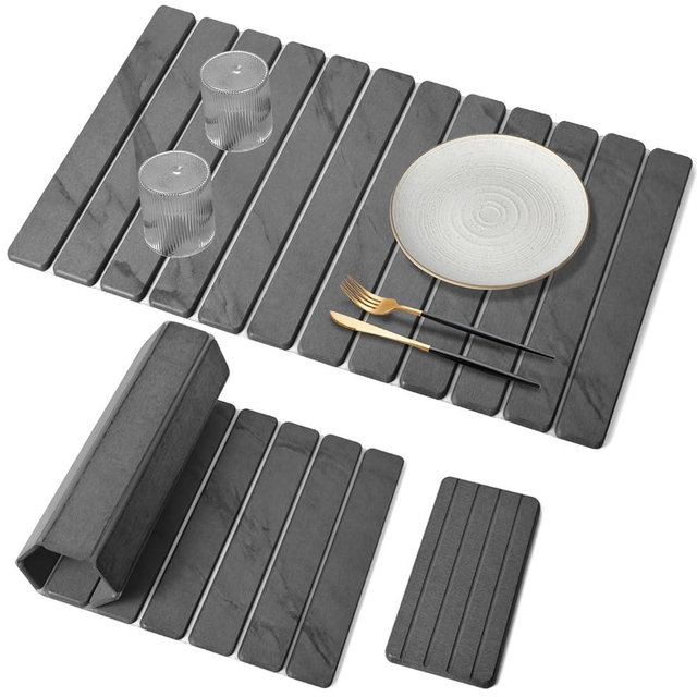 Large Stone Dish Drying Mat for Kitchen Counter, Quick Dry Dish Drying Mats, Foldable Absorbent Diatomaceous Earth Mats for Dishes Bottles Cup, Match Any Countertop (Gray Marble 28"×16" & 8"x4")