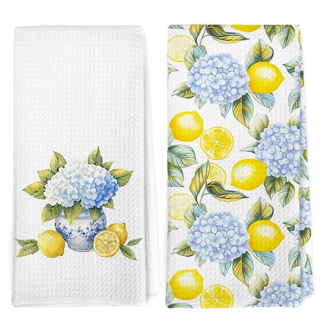 Dibor Chinoiserie Hydrangea Floral Lemon Kitchen Towels Dishcloth Set of 2, Lemon Decor Dish Towels, Grandmillennial Summer Fruit Decorative Hand Tea Towel for Bathroom Kitchen,16x24