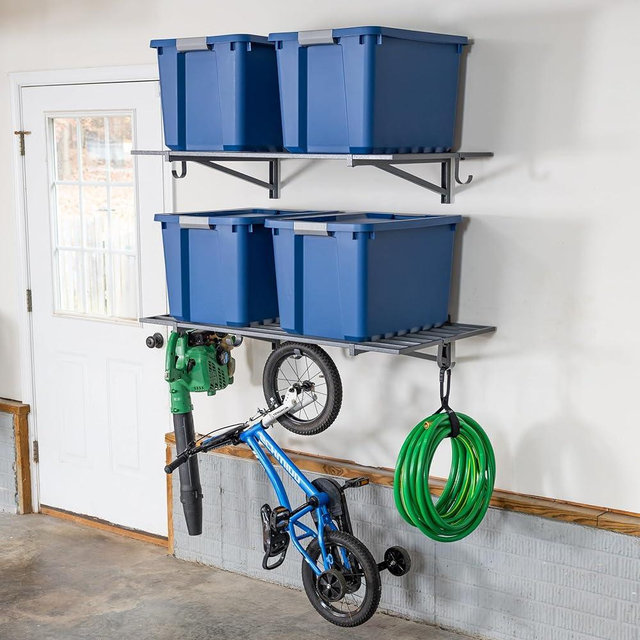 StoreYourBoard Garage Wall Shelves 2-Pack – Heavy-Duty 2' x 4' Wall Mounted Garage Shelving, Holds 200 lbs Each, Storage Shelves with Hooks for Organization, Hammered Gray Finish