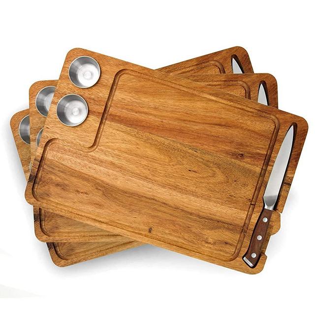Yukon Glory Steak Board for Serving Steak, Meat, and Poultry in Style, Premium Acacia Wood, Includes Sauce Cups and Steak Knife, 3 Pack