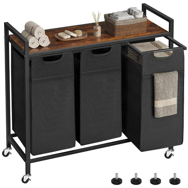 OLIXIS Laundry Hamper, Laundry Sorter with Shelf, Clothes Basket Organizer with 3 Pull-Out and Removable Bags, Movable Wheels for Laundry Room Bathroom Bedroom, 3 × 8.6 Gal (97.5L), Metal Frame, Black
