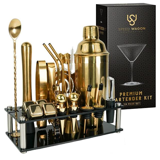 Mixology Bartender Kit – 24 Piece Gold Cocktail Shaker Set w/ Stand – Essential Home Bar Accessories Martini Shaker, Jigger, Muddler, Chilling Cubes & More