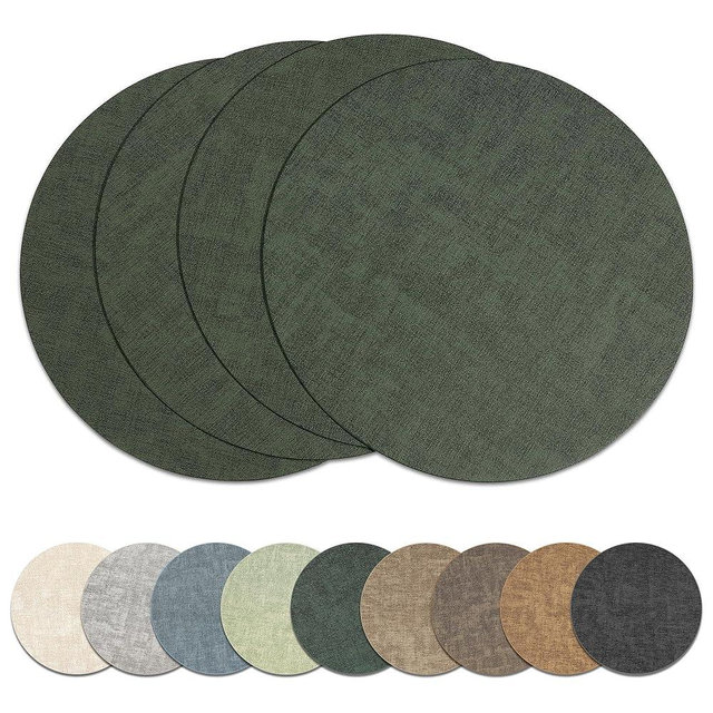 13" Round Placemats Set of 4, Reversible Faux Leather Heat Resistant Table Mats, Waterproof Oilproof Wipeable Table Protective Placemats for Vinyl, Washable for Indoor & Outdoor Use (4, Dark Green)