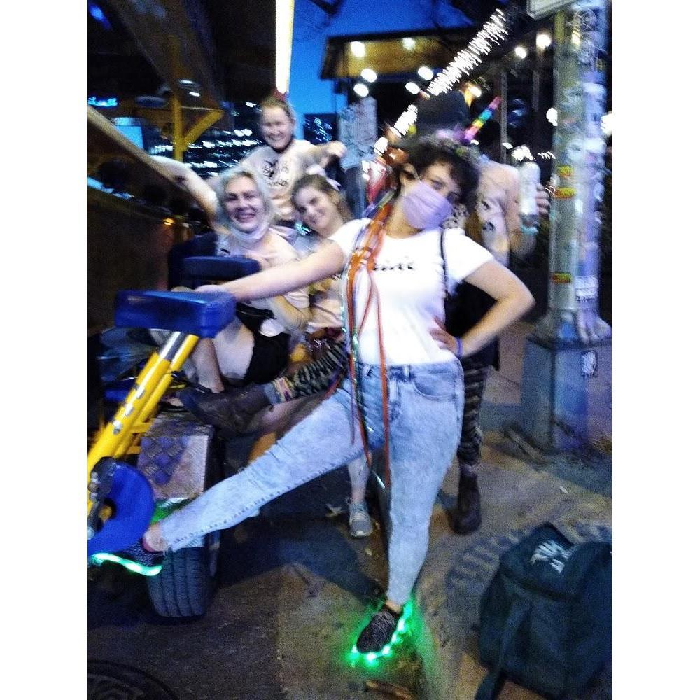 The night got a little wild, but no one fell off the bike, and Emily Sue's shoes lit the way!