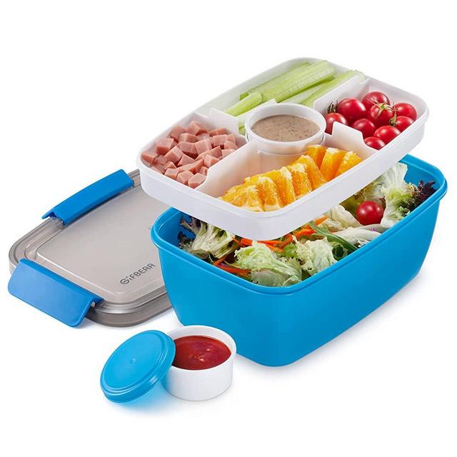 Gifbera Salad Container for Lunch, 68 oz Salad Bowl with 2 pieces Sauce Container for Dressings, Leak-Proof Bento Box 5 Compartments (Blue)