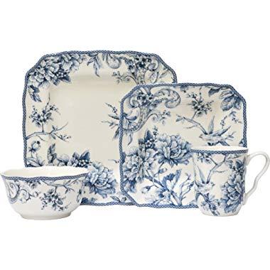 Adelaide Blue 16 Piece Porcelain Dinnerware Set Square, Service for 4