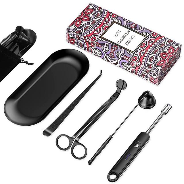 Lsnisni 5Pcs Candle Accessory Set with Candle Rechargeable Electric Lighter, Storage Tray, Wick Trimmer, Snuffer, Wick Dipper, Stainless Steel Candle Care Kit with Gift Package for Candle Lover Black