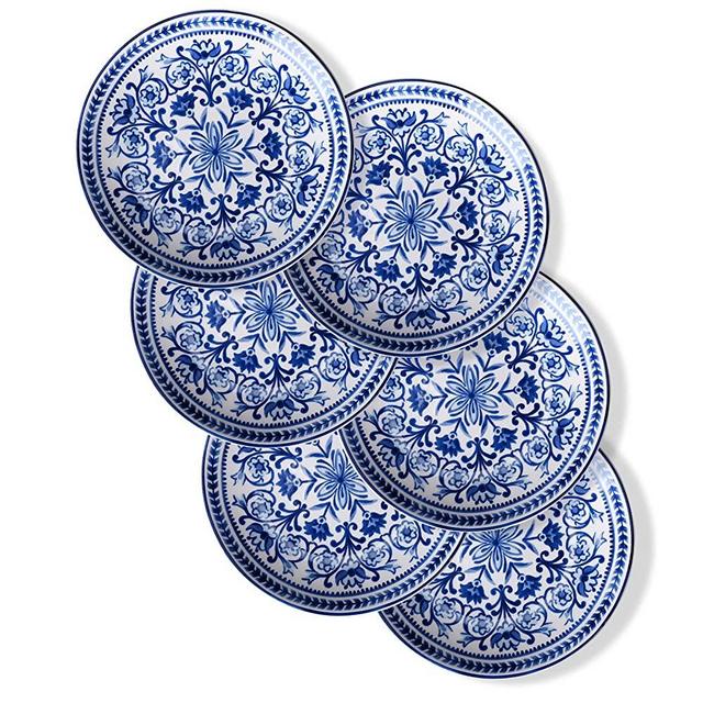 Sonemone Blue Marrakesh Tile Floral Appetizer Plates, 6-Inch Ceramic Dessert Plates, Set of 6, for Cake, Snacks, Ice cream, Side Dish, Microwave & Dishwasher Safe