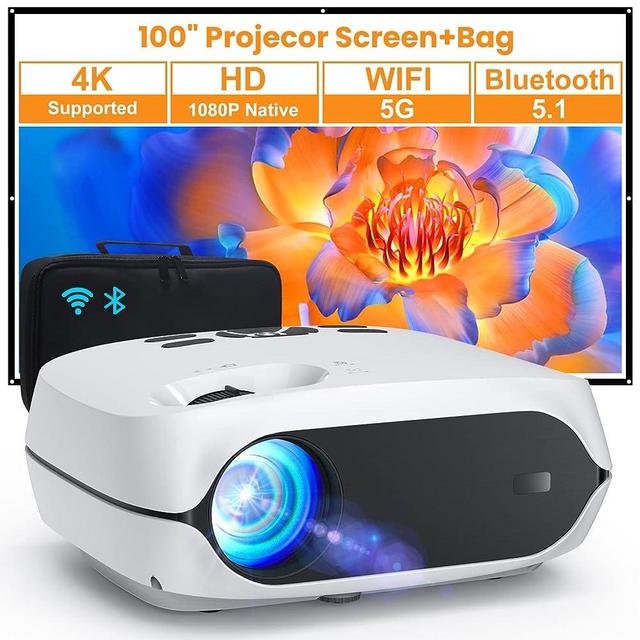 HAPPRUN Projector, 5G WiFi Bluetooth Projector, Native 1080P Portable Projector with Screen and Bag, Support 4K, Zoom, 300" Outdoor Movie Projector Compatible with iOS/Android/TV Stick/PS5