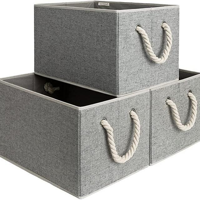 StorageWorks 32L Closet Storage Baskets for Shelves, Jumbo Closet Organizers with Handles, Foldable Closet Baskets for Linen Closet, 3-Pack, Gray