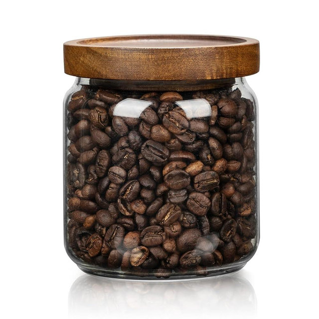 piconesper 1 PC Small Glass Storage Jars with Airtight Lids, 17 fl oz (500ml) coffee container with Wooden Lid, Glass Pantry Canister for Beans, Rice, Sugar and etc