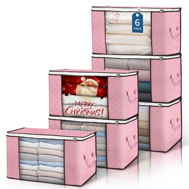 Budding Joy 90L Large Storage Bags, 6 Pack Clothes Storage Bins Foldable Closet Organizer Storage Containers Storage and Organization for Blanket, Comforters, Bed Sheets, Pillows and Toys (Pink)