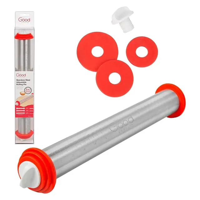 Good Cooking Adjustable XL Pastry Rolling Pin w/Thickness Rings- Stainless Steel French Dough Roller 17" Barrel- 3 Removable Pcs to Adjust Width