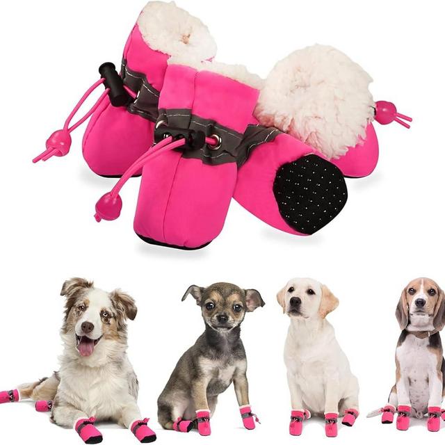 YAODHAOD Dog Shoes for Winter, Dog Boots & Paw Protectors, Fleece Warm Snow Booties for Puppy with Reflective Strip Anti-Slip Rubber Sole for Small Medium Size Dogs,Size 7: 2.3"x1.9" (L*W),Pink