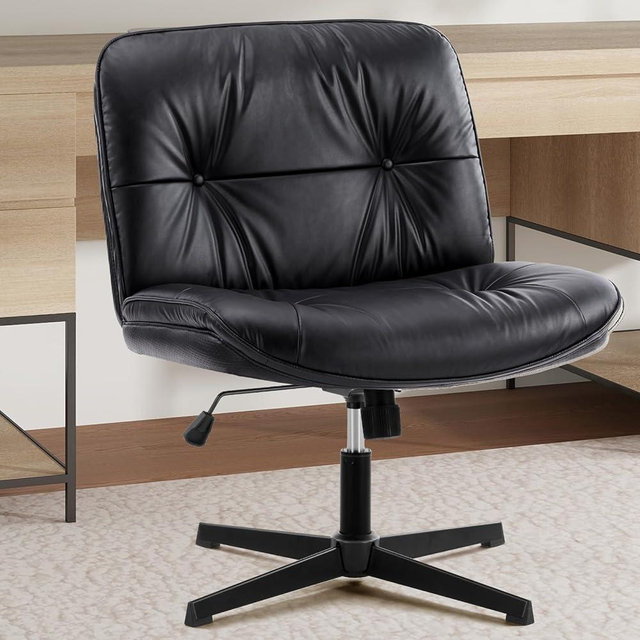 Sweetcrispy Criss Cross Legged Chair, Armless Office Desk Wide Seat No Wheels, PU Leather Swivel Height Adjustable Comfy Computer Task Seating Modern Home Room - Black