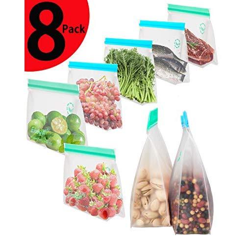 Reusable Sandwich Bags, Upgrade Stand Up Ziplock Food Storage Bags, Lunch Bag, Snack Bag, BPA FREE Freezer Bag for Food Organization, 4 Large Reusable Storage Bags, 4 Medium Sandwich Bags