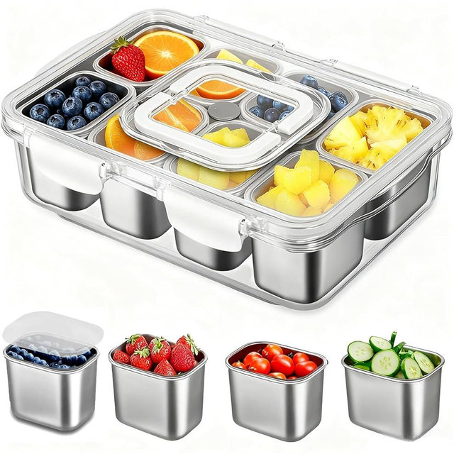 kidinit Snackle Box Container, Stainless Steel Divided Serving Tray with Lid and Handle, Portable Snack Tray for Fruit Veggie Candy, 8-Compartment Snack Platter for Travel Party Beach Picnic