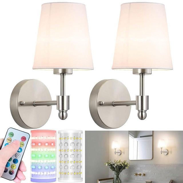 Nekhung Battery Operated Wall Sconces Set of 2, Wireless Wall Sconce with Remote Control for Bedroom, No Electrician Required