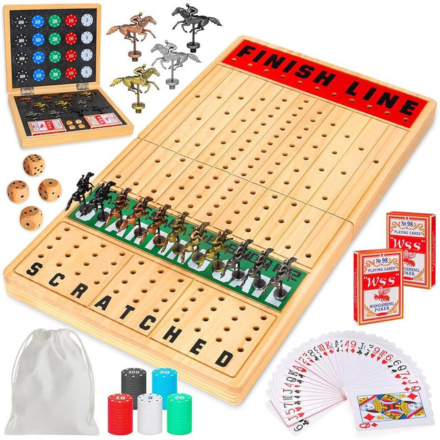Toidgy Large 21 Inches Horse Race Board Game, Horse Racing Games with Cards and Dice & 11 Luxury Metal Horses, Thickened Wood Chessboard, Classic Wooden Table Top Board Games for Adults and Family
