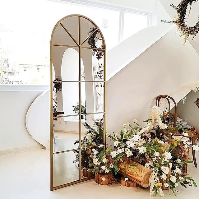 TinyTimes 65×22" Arched Window Finished Full Length Mirror, Wall Mirror, Metal Frame, Home Decor Mirror, Windowpane Mirror, Wall Mounted or Leaning, No Stand - Gold