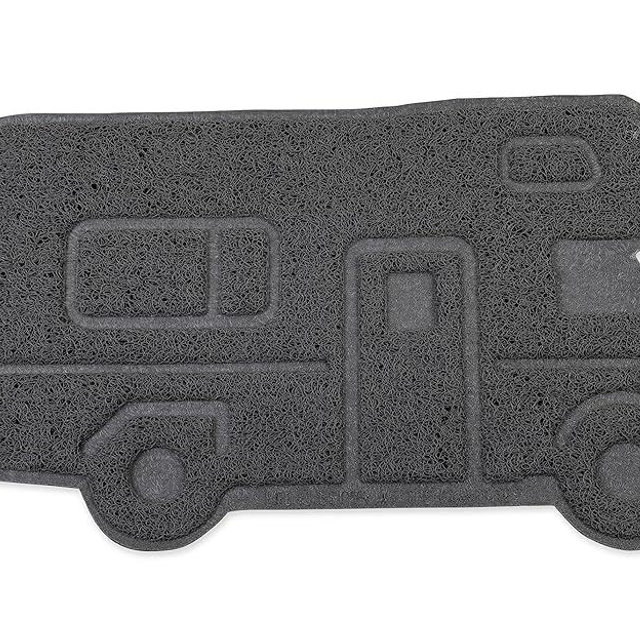 Camco Life is Better at The Campsite Scrub Rug | Ideal for Dirt Removal | Features a Gray, Retro Class-C RV Shaped Design | Measures 26-½-inches (W) x 14-9/16-inches (H) (53115)
