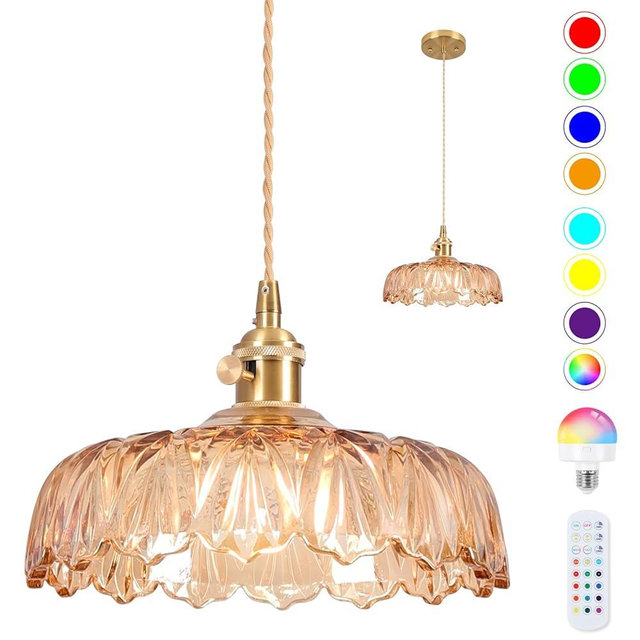 Battery Operated Pendant Light,Vintage Light Fixtures 2500mAh 9.4in RGB Light Bulb Amber Modern Chandelier with Remote Control Wireless Adjustable Rechargeable Chandelier for Kitchen Island 1Light