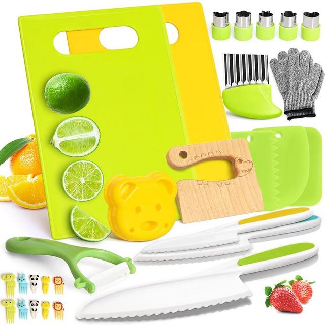28PCS Toddler Knife Set - Kids Knifes for Real Cooking, Wooden Kids Kitchen Knife Set with Gloves Cutting Board Fruit Vegetable Crinkle Cutters Plastic Kid Safe Knives, Toddlers Kitchen Tools