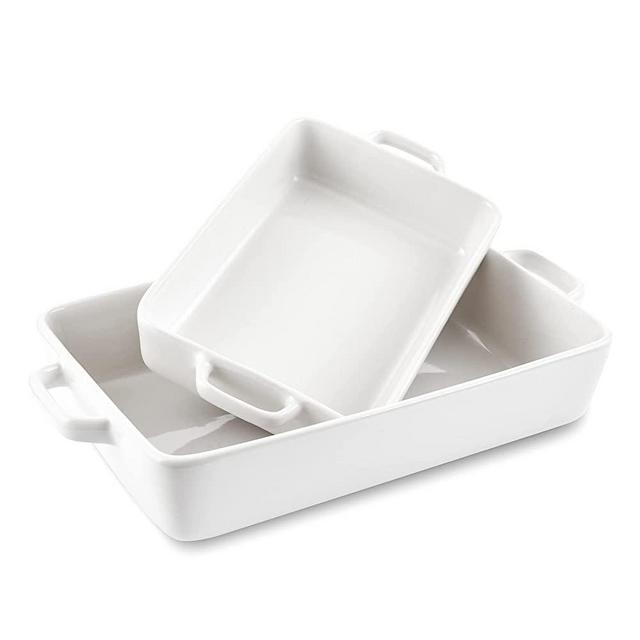KitchenTour Ceramic Bakeware Set, Rectangular Baking Dish Casserole Dish Lasagna Pan with Double Handles Stoneware Bakeware Set of 2 - White