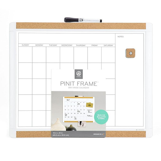U Brands Magnetic Dry Erase Calendar Board, 16 x 20 Inches, White PINIT Frame, Marker Included (437U00-01), White Frame