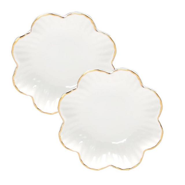 HOKMOKQOK Porcelain Serving Dish,Ceramics Flower Relish Tray with Metallic Rim,Serving Bowls for Wedding,Party Perfect for Small Cereal, Pasta, Salad, Candy and Snacks White 6.6 inch (2pc-8inch)