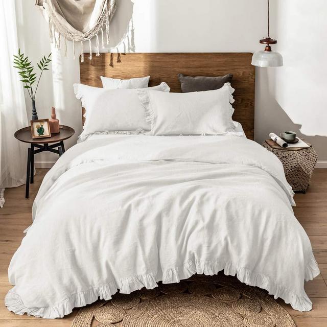 Simple&Opulence 100%Washed Linen Duvet Cover Set-3 Pieces Shabby Chic Premium Ruffled Bedding with 1 Comforter Cover and 2 Pillowshams France Flax High End Frill Sets Vintage Style(King, White)