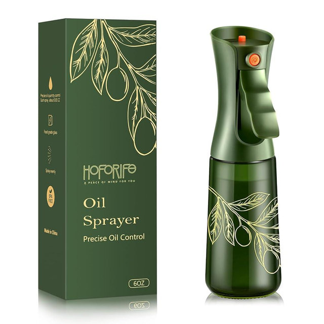 hoforife Glass Olive Oil Sprayer for Cooking, Oil Mister Continuous Cooking Spray with Portion Control for Kitchen 200ml/7oz (Green Bottle, Gold Print)