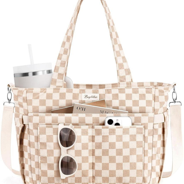 Bagstellar Corduroy Tote Bag for Women, 17 Pockets Laptop Work Tote Bag Lightweight Teacher Nurse Bible Bag for School Travel | with 40oz Cup Holder, Multi Compartment, Zipper Crossbody Bag, College Shoulder Bag, Daily Purse w/ Strap, Ideal Gift for Women