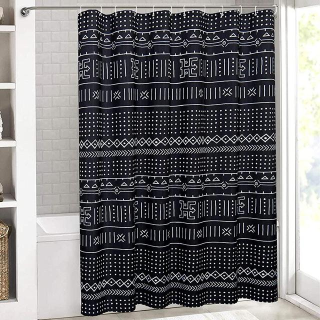 Yokii Black Boho Fabric Shower Curtain Mudcloth Patterned Tribal Hippie Simple Geometric Minimalist Bathroom Shower Curtain Sets Mud Cloth Decor, Heavy Weighted & Waterproof (Black , 72 x 72)