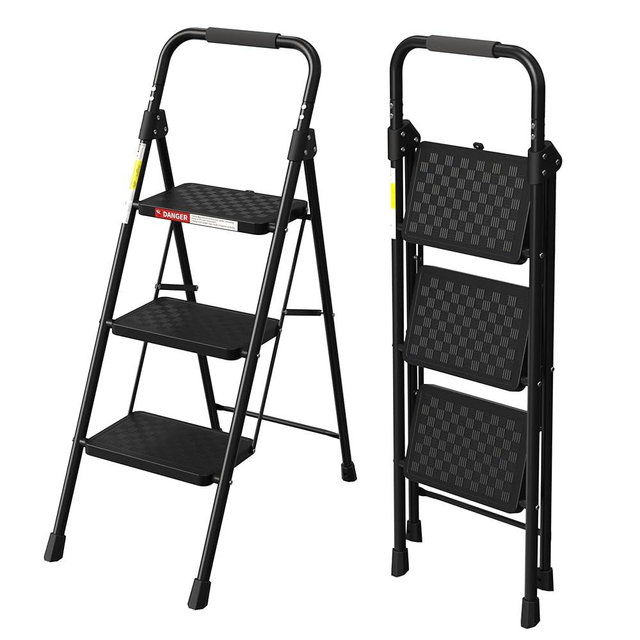 HBTower 3 Step Ladder, Folding Step Stool with Wide Anti-Slip Pedal, Step Stool Foldable with Cushioned Handle for Home and Kitchen, Black