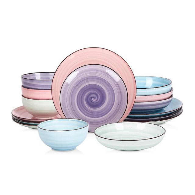 Selamica Ceramic 16-Pieces Dinnerware Set, Ceramic Dishes Set for 4, Kitchen Plates and Bowls Sets, Dinner Plates Set, Black Dots Design, Gradient Color