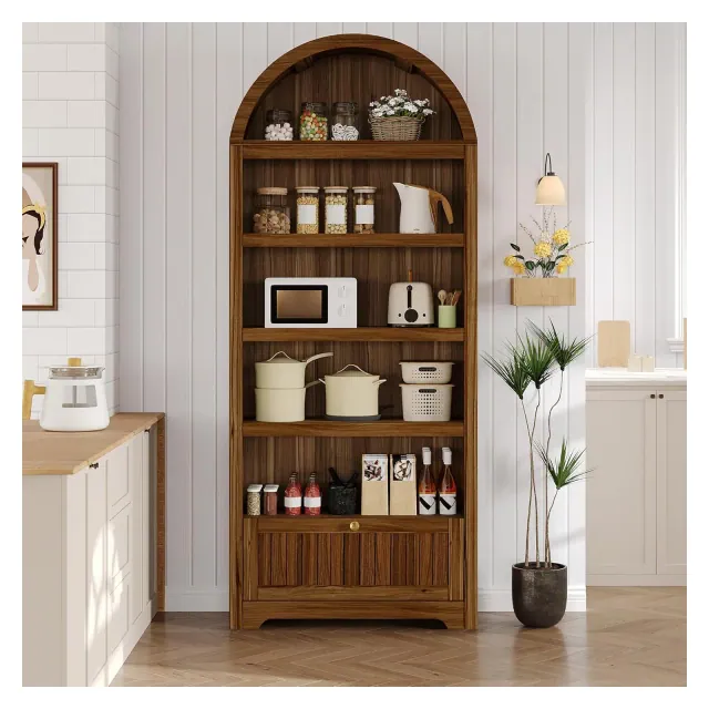 72" Walnut Arched Bookshelf with Storage Drawer, Modern 6-Tier Wood Display Cabinet, Open Shelves & Curved Door for Living Room & Kitchen
